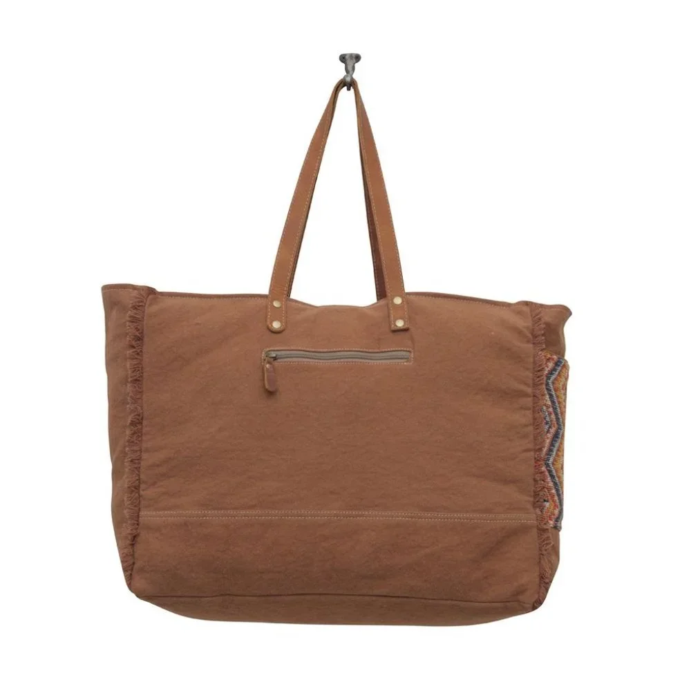 Myra Bag Upcycled Geometric Canvas & Cowhide Leather Weekender Bag - Picture 5 of 8